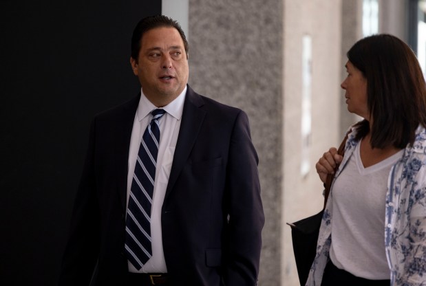 State Rep. Bob Rita departs after testifying in the perjury trial of Tim Mapes, former chief of staff to House Speaker Michael Madigan, on Aug. 10, 2023, at Dirksen U.S. Courthouse. (Brian Cassella/Chicago Tribune)