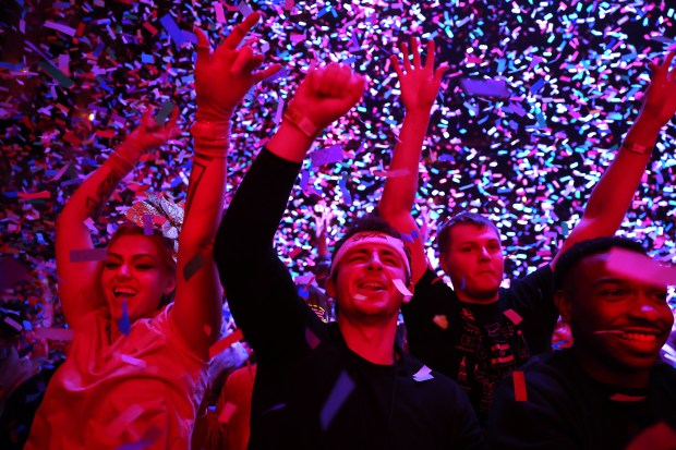 Fans react as confetti falls during a Marc Rebillet performance at Thalia Hall on Dec. 6, 2024. (Chris Sweda/Chicago Tribune)