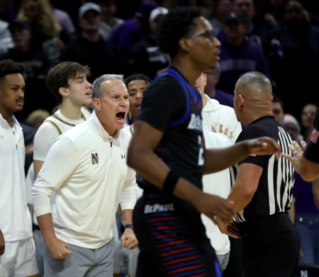 Northwestern head coach Chris Collins yells at a referee in the second half of a game against DePaul at Welsh-Ryan Arena in Evanston on Dec. 21, 2024. (Chris Sweda/Chicago Tribune)