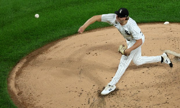 White Sox starting pitcher Jonathan Cannon delivers to the Angels in the third inning at Guaranteed Rate Field on Sept. 24, 2024. (Chris Sweda/Chicago Tribune)