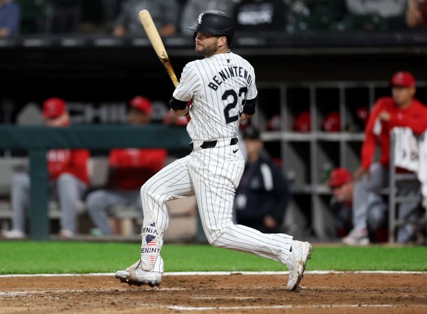 Chicago White Sox left fielder Andrew Benintendi drives in a run on a single in the 8th inning of a game against the Los Angeles Angels at Guaranteed Rate Field in Chicago on Sept. 24, 2024. (Chris Sweda/Chicago Tribune)