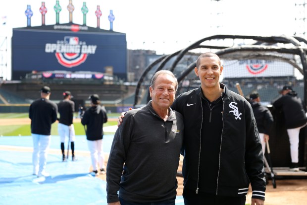 White Sox television broadcasters Steve Stone and John Schriffen (right) ahead of the opening day at Guaranteed Rate Field on March 28, 2024. (Chris Sweda/Chicago Tribune)