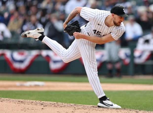 Chicago White Sox starting pitcher Garrett Crochet (45) follows through on a pitch in the fifth inning of the Sox opening day game against the Detroit Tigers at Guaranteed Rate Field in Chicago on March 28, 2024. (Chris Sweda/Chicago Tribune)