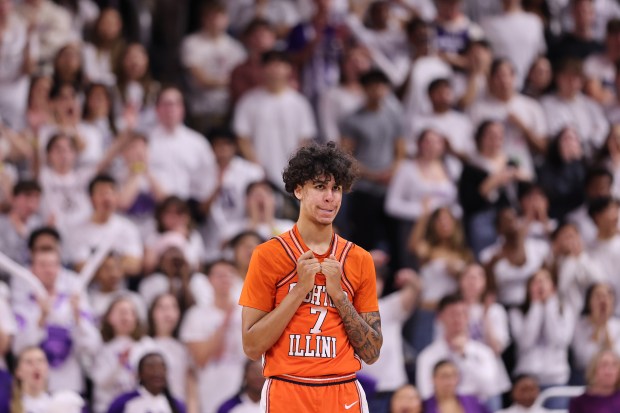 Illinois' Will Riley reacts against Northwestern in overtime at Welsh-Ryan Arena on Dec. 6, 2024. (Photo by Michael Reaves/Getty Images)