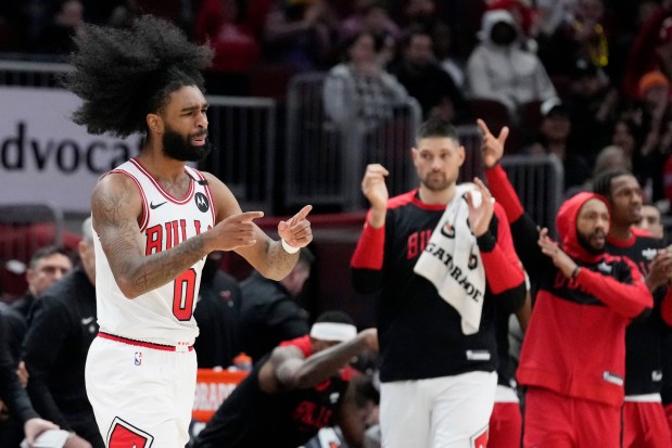 Coby White reacts after making a 3-pointer during the first half against the 76ers on Dec. 8, 2024. (AP Photo/Nam Y. Huh)