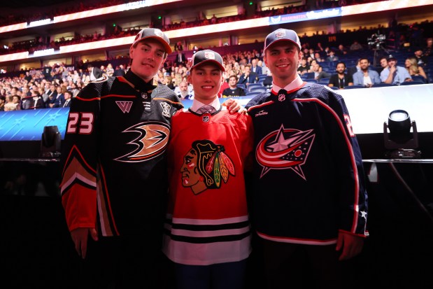 Leo Carlsson of the Anaheim Ducks, Connor Bedard of the Chicago Blackhawks and Adam Fantilli of the Columbus Blue Jackets pose for a photo after being drafted during round one of the 2023 Upper Deck NHL Draft at Bridgestone Arena on June 28, 2023 in Nashville, Tennessee. (Photo by Bruce Bennett/Getty Images)