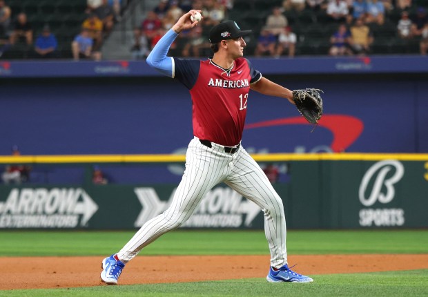 White Sox shortstop prospect Colson Montgomery throws to first base during the All-Star Futures Game at Globe Life Field on July 13, 2024, in Arlington, Texas.  (Richard Rodriguez/Getty Images)