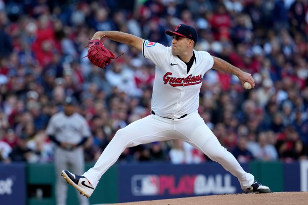 Cleveland Guardians starting pitcher Matthew Boyd throws against the New York Yankees during the first inning in Game 3 of the baseball AL Championship Series Thursday, Oct. 17, 2024, in Cleveland. (AP Photo/Godofredo Vásquez, File)