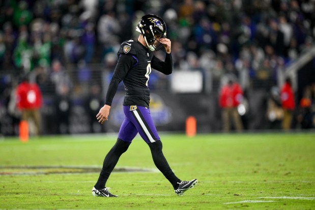 Baltimore Ravens kicker Justin Tucker misses a field goal against the Philadelphia Eagles during the second half of an NFL football game, Sunday, Dec. 1, 2024, in Baltimore. (AP Photo/Nick Wass)