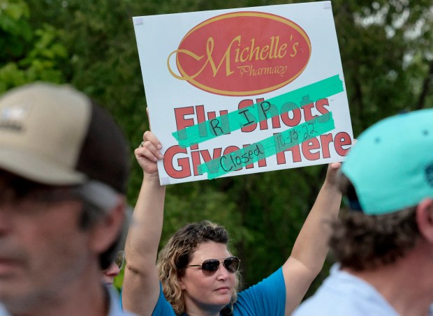 Michelle Dyer, owner of Michelle's Pharmacy in Macoupin County, Illinois, joined a protest against Express Scripts business' practices on May 17, 2024, outside Express Scripts headquarters in St. Louis County. (Laurie Skrivan/St. Louis Post-Dispatch/TNS)