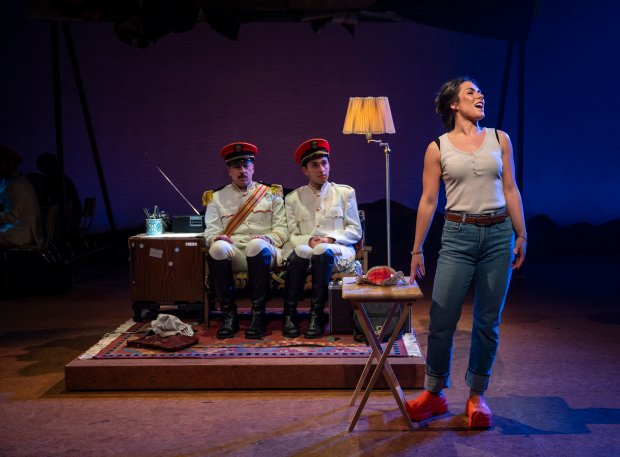 Rom Barkhordar, Armand Akbari and Sophie Madorsky in "The Band's Visit" at Writers Theatre in Glencoe. (Michael Brosilow)