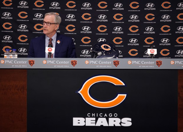 Bears chairman George McCaskey speaks before introducing new general manager Ryan Poles and coach Matt Eberflus on Jan. 31, 2022 at Halas Hall. (Brian Cassella/Chicago Tribune)