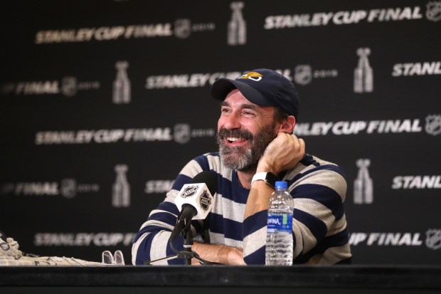 Actor Jon Hamm speaks to the media before Game 3 of the 2019 Stanley Cup Final between the Blues and Bruins on June 1, 2019, in St Louis. (Bruce Bennett/Getty Images)