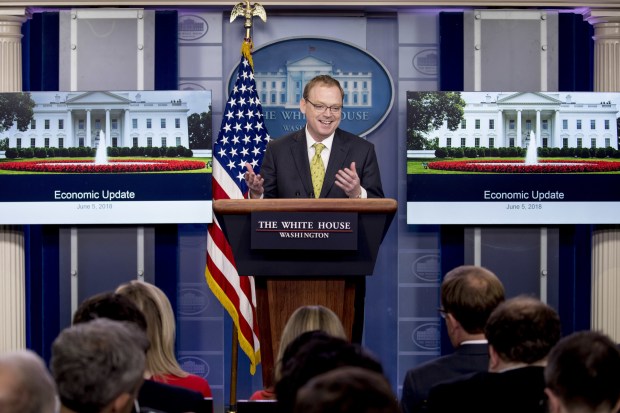 White House Council of Economic Advisers chairman Kevin Hassett, seen here during a press briefing on June 6, 2018, defended the White House's increasingly aggressive trade policies, calling Harley-Davidson's decision to move some operations overseas an exception to a broader trend of renewed corporate investment within the United States.