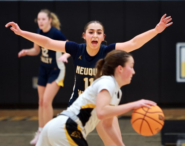 Neuqua Valley's Quinn Sigal defends the net during the DuPage Valley Conference girls basketball game against Metea Valley in Aurora on Thursday, Dec. 12, 2024. (James C. Svehla / Naperville Sun)