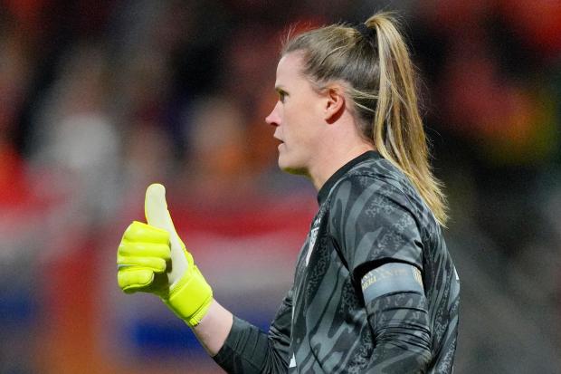 United States goalkeeper Alyssa Naeher gestures during the international friendly women's soccer match between the Netherlands and the United States at the ADO Den Haag Stadium in The Hague, Netherlands, Tuesday, Dec. 3, 2024. (AP Photo/Peter Dejong)