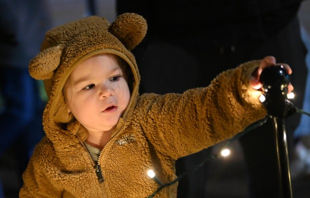 Curious about the lights is Romi Carl, 2, of Glencoe at Illuminate Northbrook on Nov. 22, 2024 in downtown Northbrook. (Karie Angell Luc/Pioneer Press)