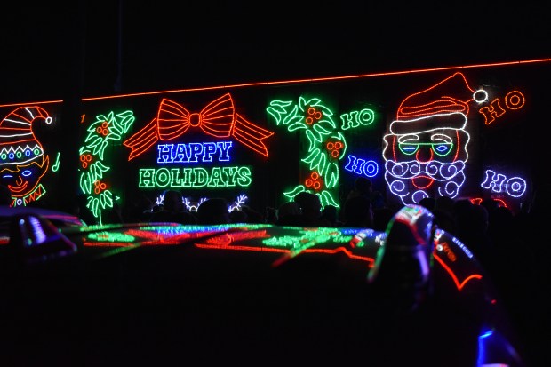 Decorative images light up the Canadian Pacific Kansas City Holiday Train during its Nov. 26 stop in Franklin Park. (Steve Metsch/Pioneer Press)