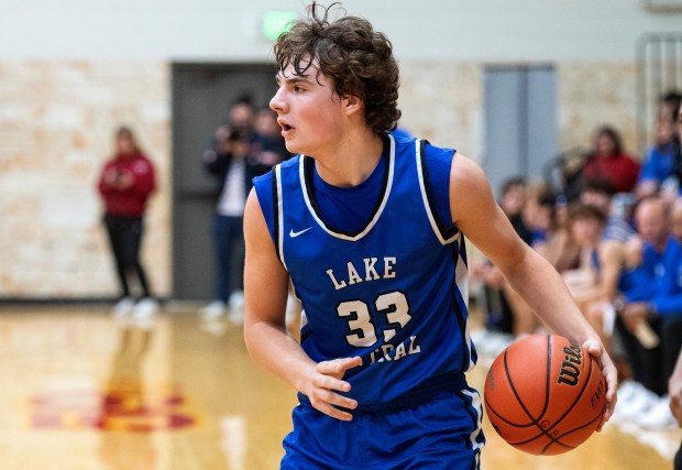 Lake Central's Noah Enyeart moves the ball during a game at Andrean on Thursday, Dec. 5, 2024. (Michael Gard/for the Post-Tribune)