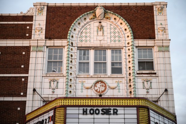 The facade of the Hoosier Theater in Whiting can be seen on Friday, Dec. 6, 2024. (Kyle Telechan/for the Post-Tribune)