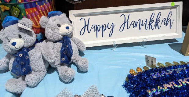 Hanukkah-themed teddy bears greet shoppers at Temple Israel's pop-up Hanukkah shop Tuesday in Gary. (Carole Carlson/Post-Tribune)