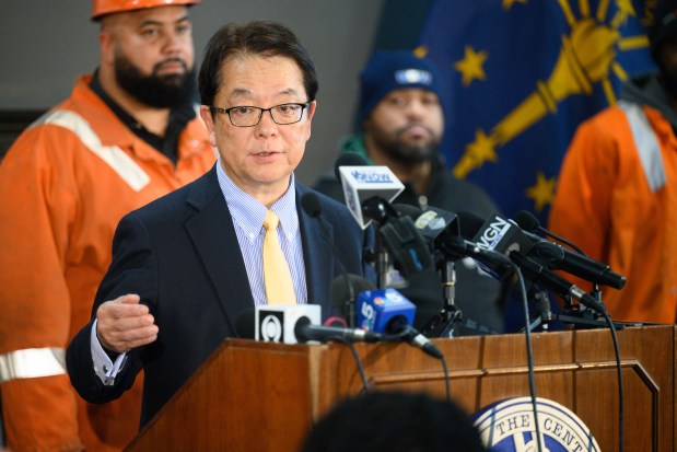 Takahiro Mori, representative director and executive vice president of Nippon Steel, speaks during a press conference at the Gary City Hall concerning the planned acquisition of U.S. Steel, on Thursday, Dec. 12, 2024. (Kyle Telechan/for the Post-Tribune)