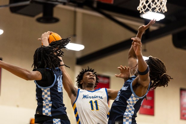 Hillcrest's Jaylen Ingram (24) blocks a shot by Crete-Monee's Robert Kennedy Jr (11) during a Big Dipper second-round game at Rich Township in Richton Park on Friday, Dec. 27, 2024. (Vincent D. Johnson / for the Daily Southtown)