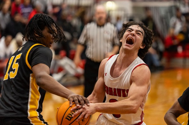 Marist's Adoni Vassilakis (0) gets foul on his way to the basket by Marian Catholic's Landon Mays (15) during an East Suburban Catholic Conference game in Chicago on Friday, Dec. 20, 2024. (Vincent D. Johnson / for the Daily Southtown)