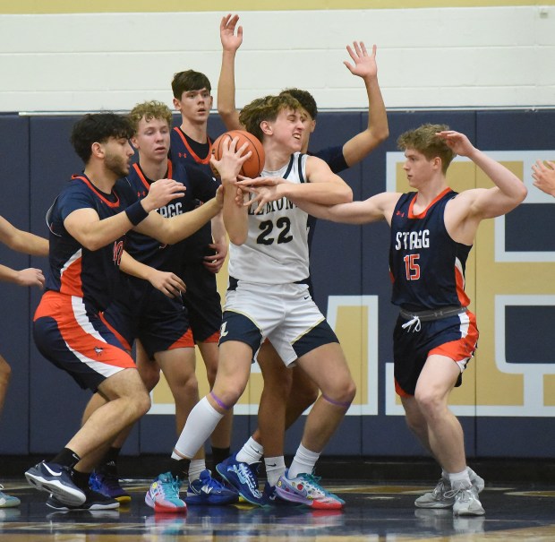 Lemont's Luke Robbins (22) fights for control of the ball against the Stagg defense during a nonconference game Tuesday, Dec. 3, 2024 in Lemont, IL. (Steve Johnston/for the Daily Southtown)