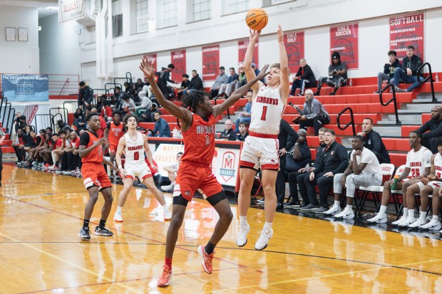 Marist's Rokas Zilys (1) shoots the ball against TF South during a non-conference game in Chicago on Tuesday, Dec. 3, 2024. (Troy Stolt / for the Daily Southtown)