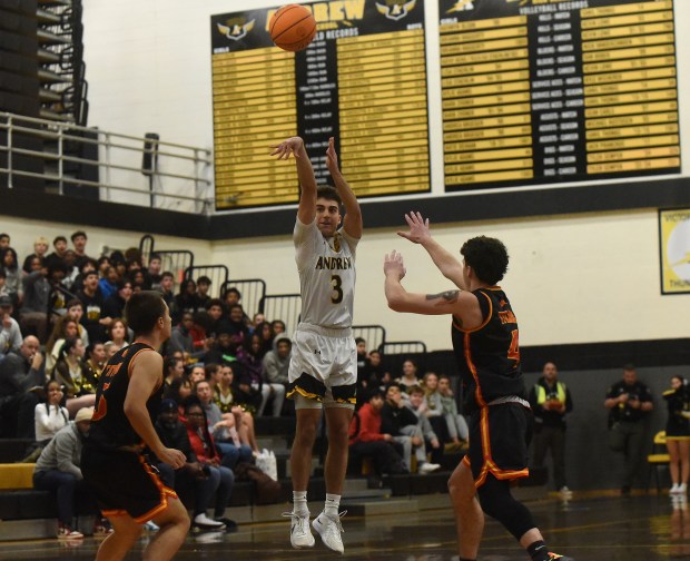 Andrew's vshan Berchos (3) puts up a shot against Tinley Park during a nonconference game Wednesday, Dec. 18, 2024 in Tinley Park, IL. (Steve Johnston/for the Daily Southtown)