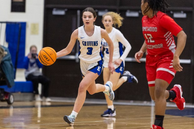 Lincoln-Way East's Emmerson Nilsson (3) brings the ball up against Homewood-Flossmoor during a Southwest Suburban game in Frankfort on Tuesday, Dec. 3, 2024. (Vincent D. Johnson / for the Daily Southtown)