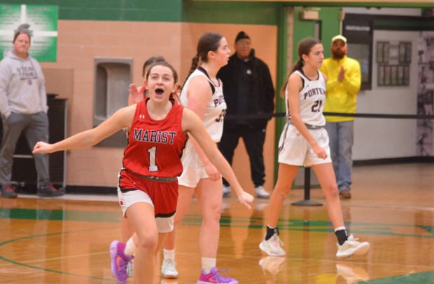 Olivia Cosme celebrates after Marist defeated Lockport in the Oak Lawn Holiday Tournament championship game on Saturday, Dec. 21, 2025. (Jeff Vorva / Daily Southtown)