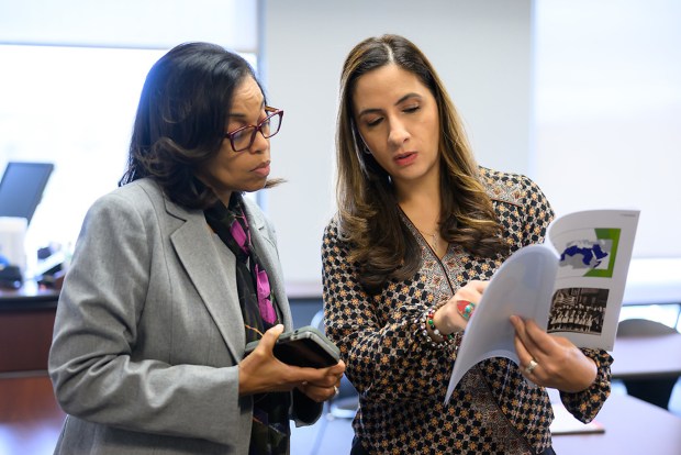 Nina Shoman-Dajani, right, who was recently accepted into the Cultivate: Women of Color Leadership cohort, talks with Pamela Haney, president of Moraine Valley Community College, where Shoman-Dajani is assistant dean of Learning Enrichment and College Readiness. (Glenn Carpenter)