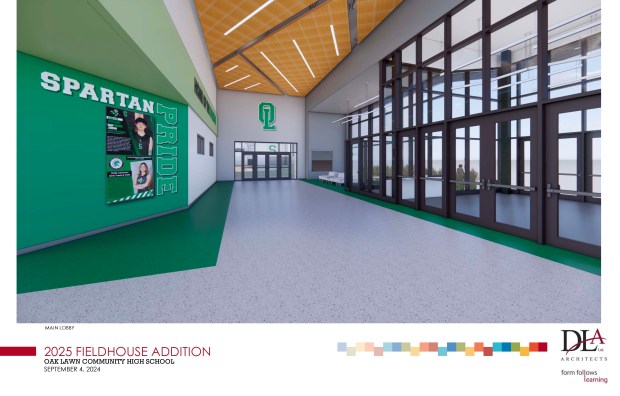 An architectural rendering depicts the foyer at a new fieldhouse planned at Oak Lawn Community High School. Construction of the facility is planned to begin this spring. (School District 229)