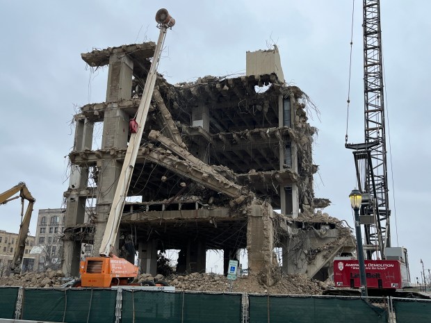 Demolition continues April 1, 2024, at the former Will County Courthouse in downtown Joliet. (Michelle Mullins/for Daily Southtown)