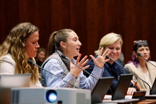 Chicago Stars players Alyssa Naeher and Ally Schlegel, executive director of the National Women's Soccer League Players Association Meghann Burke and state Rep. Eva-Dina Delgado (D-Chicago) at a hearing of the Illinois House of Representatives Revenue & Finance Committee on Monday, Dec. 16, 2024, in Chicago. (Courtesy of the Chicago Stars)