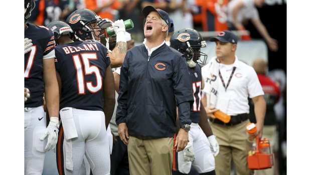 Chicago Bears head coach John Fox yells from the field before the first half of the Bears' exhibition opener against the Denver Broncos at Solider Field on Aug. 10, 2017, in Chicago.