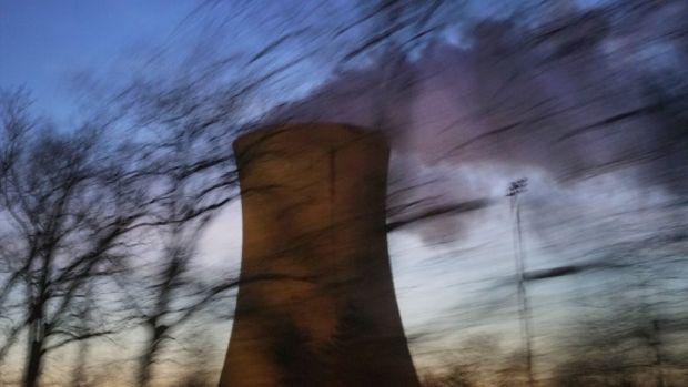 A hyperboloid cooling tower at NIPSCO's Michigan City Generating Station, a coal- and natural gas-fired power plant operated by Northern Indiana Public Service Company, which is owned by NiSource. March 4, 2017.