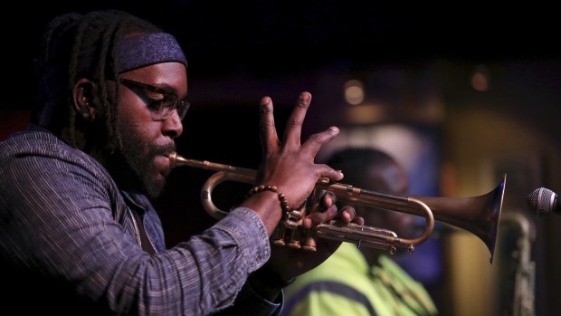 Trumpet player Marquis Hill at Jazz Showcase in Chicago on Dec. 2, 2021. (Chris Sweda / Chicago Tribune)