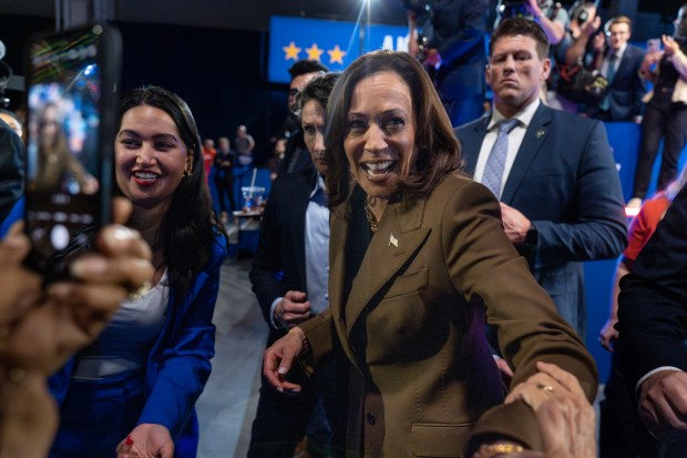 Democratic presidential nominee Vice President Kamala Harris greets supporters after speaking at a rally on Sept. 29, 2024, in Las Vegas. (Carolyn Kaster/AP)