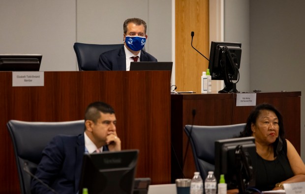 CPS CEO Pedro Martinez listens, June 22, 2022, at a Board of Education meeting. (Brian Cassella/Chicago Tribune)