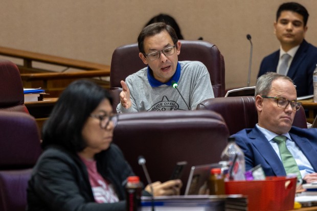 Ald. Raymond Lopez, 15th, expresses frustration at a City Council budget hearing at City Hall, Nov. 9, 2024. (Tess Crowley/Chicago Tribune)