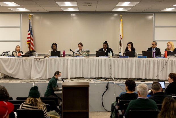 Chair Barbara Flynn Currie, left, and other members of the Illinois Pollution Control Board listen to public testimony by Alex Peimer, lower left, about his recent double lung transplant Monday, Dec. 2, 2024, during a hearing on adopting stronger emission standards for cars and trucks. (Brian Cassella/Chicago Tribune)