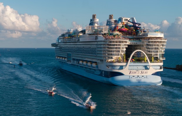 The Royal Caribbean's Icon of the Seas, billed as the world's largest cruise ship, heads out to sea for its second voyage from PortMiami on Feb. 3, 2024, in Miami. The 1,197-foot-long ship cost $1.79 billion to build, has 20 decks and can accommodate 7,600 passengers. (Joe Raedle/Getty Images)