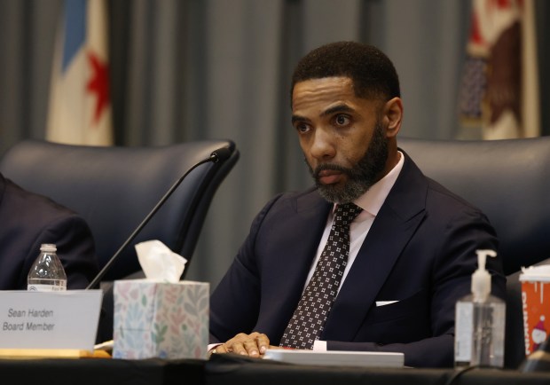 Then newly announced Board member Sean Harden attends a Board of Education monthly meeting at a Chicago Public Schools administrative office at 4655 S. Dearborn St. on Dec. 12, 2024. On Monday, Mayor Brandon Johnson named Harden as the new president of the school board. (John J. Kim/Chicago Tribune)