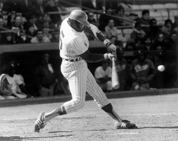 The White Sox's Dick Allen triples against Oakland on April 12, 1973, at Comiskey Park. (Phil Mascione/ Chicago Tribune)