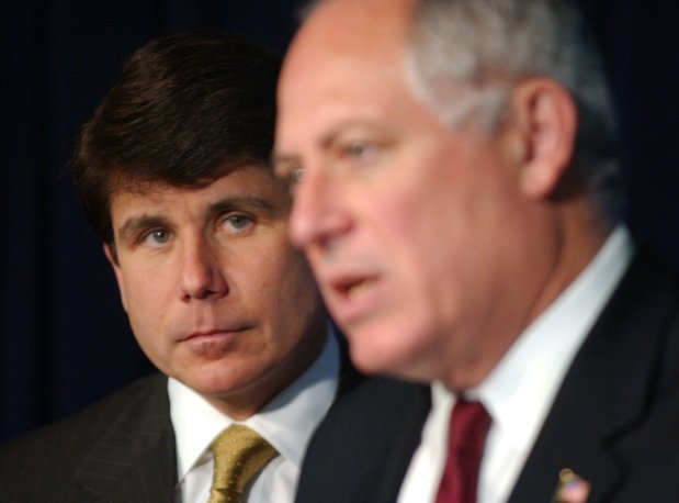 Then-Lt. Gov. Pat Quinn, right, introduces then-Gov. Rod Blagojevich at a news conference in 2003 on the governor's plans for an ethics reform package. (Chuck Berman/Chicago Tribune)