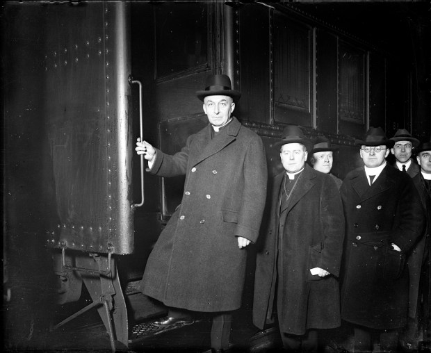 Archbishop George Mundelein leaves Chicago on March 6, 1924, from the Baltimore and Ohio station headed to New York where he will sail for Rome to become a Cardinal in 1924. (Chicago Tribune historical photo)