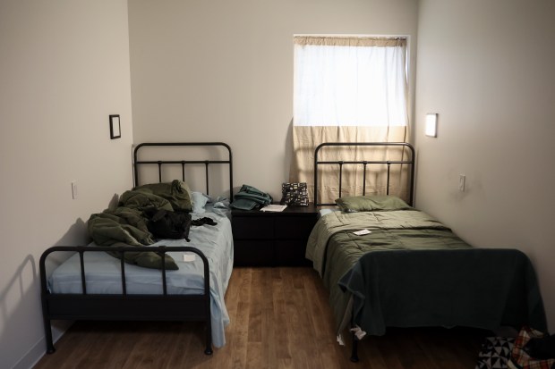 A bedroom in the new North Side Housing and Supportive Services homeless shelter serving single men in Rogers Park on Dec. 9, 2024. (Eileen T. Meslar/Chicago Tribune)